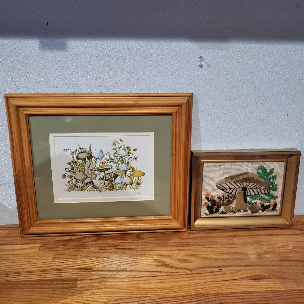 Embroidered mushrooms wall picture frame whimsical art Print